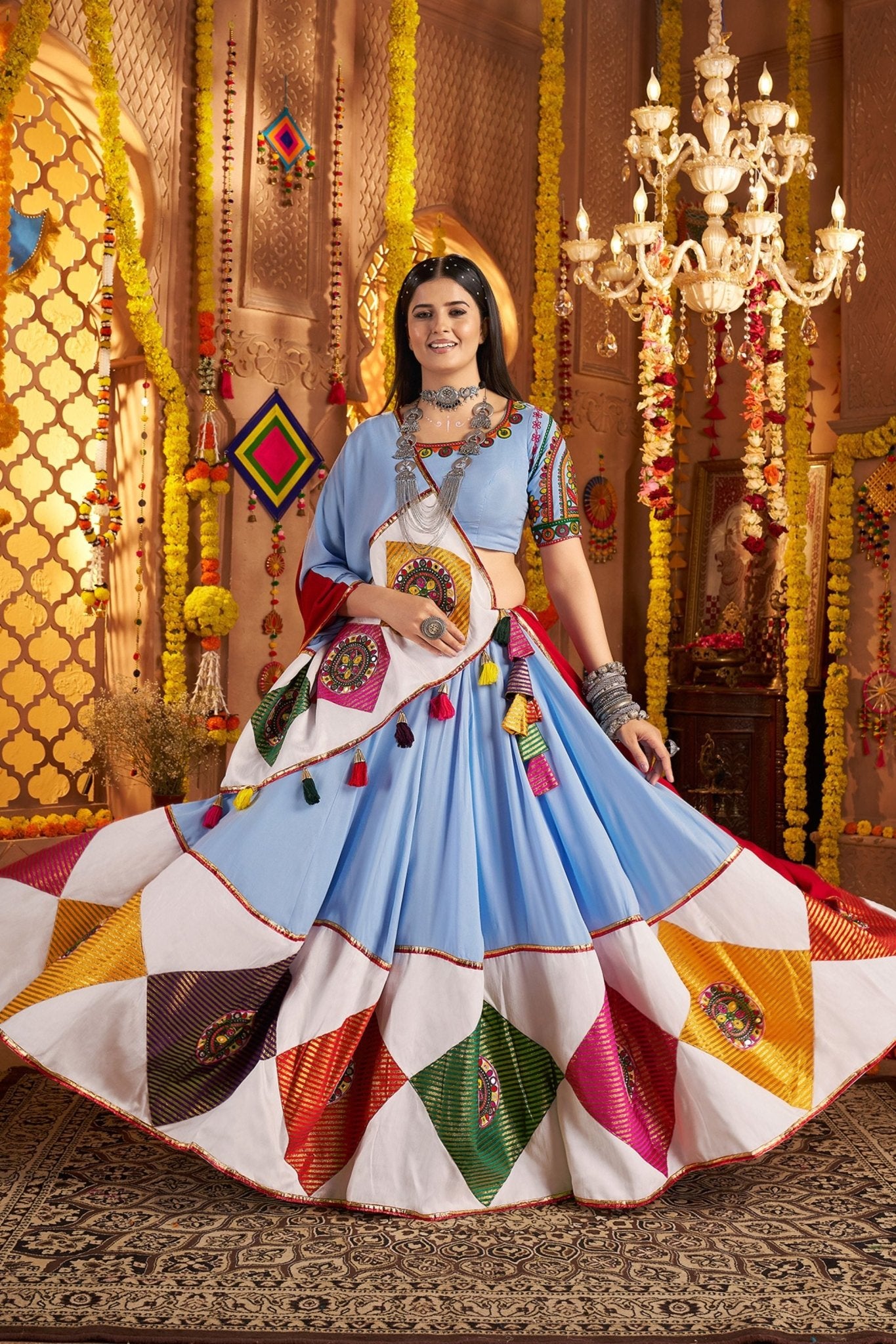 Sky Blue Traditional Garba Lehenga Choli Set with Multicolor Mirror Work for Navratri - Mangaldeep NX