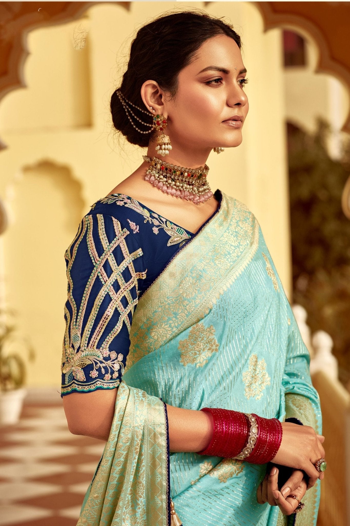 Sky Blue Woven Banarasi Design Silk Saree with Gold Zari Work - Mangaldeep NX