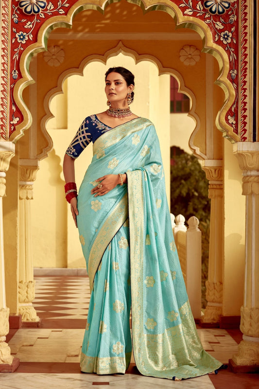 Sky Blue Woven Banarasi Design Silk Saree with Gold Zari Work - Mangaldeep NX