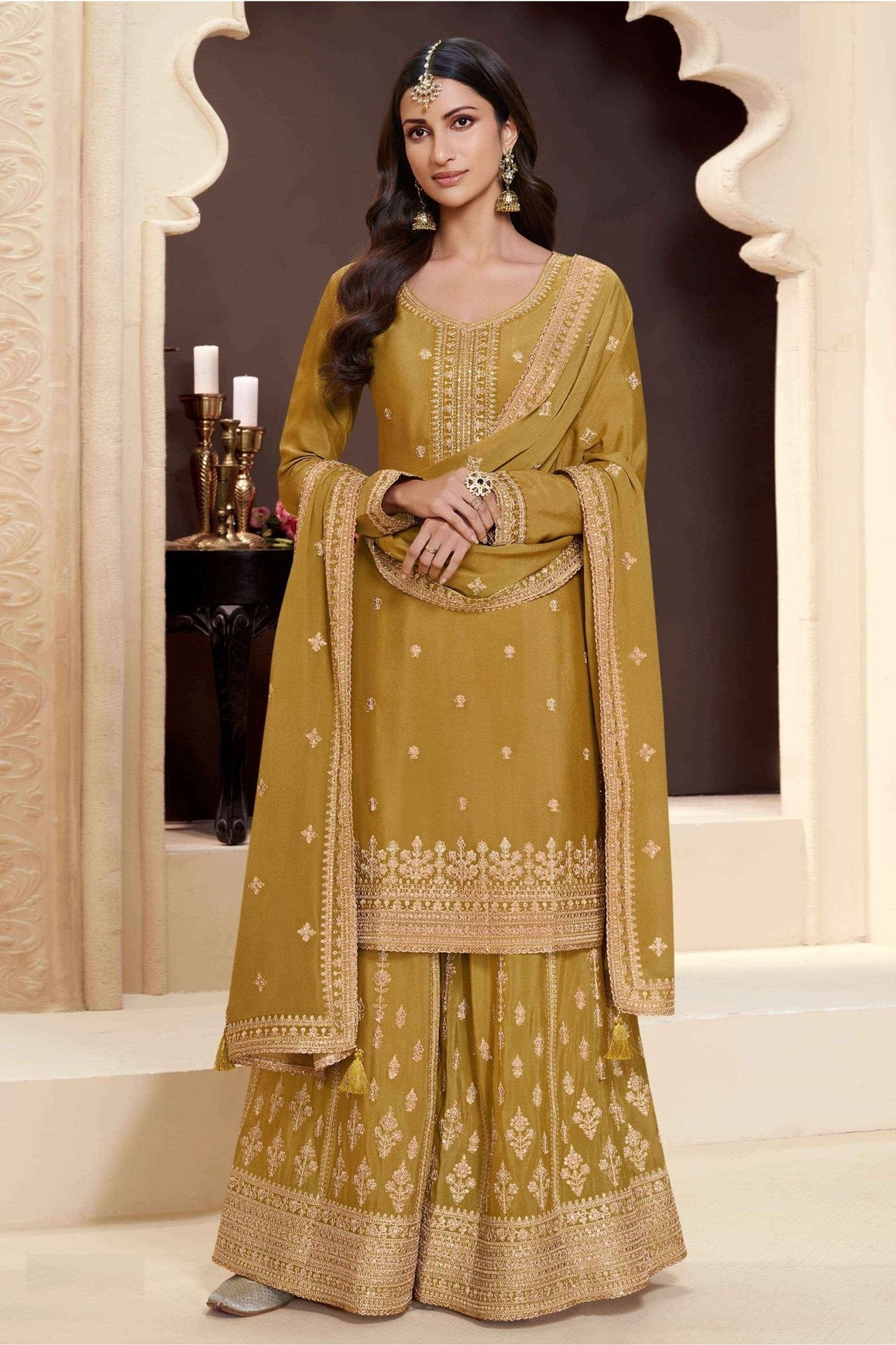 Sterling Mustard Yellow Embroidered Sharara Suit for Women - Mangaldeep NX