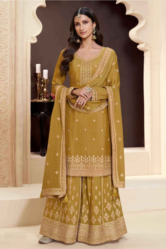 Sterling Mustard Yellow Embroidered Sharara Suit for Women - Mangaldeep NX