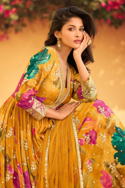 Sterling Mustard Yellow Floral Anarkali Dress with Embroidered Border - Mangaldeep NX