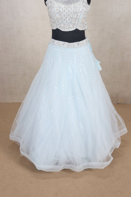 Stunning Light Blue Net Lehenga Choli with Sequin Embroidery and Dupatta - Mangaldeep NX