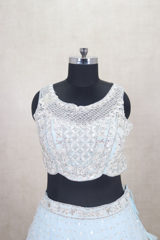 Stunning Light Blue Net Lehenga Choli with Sequin Embroidery and Dupatta - Mangaldeep NX