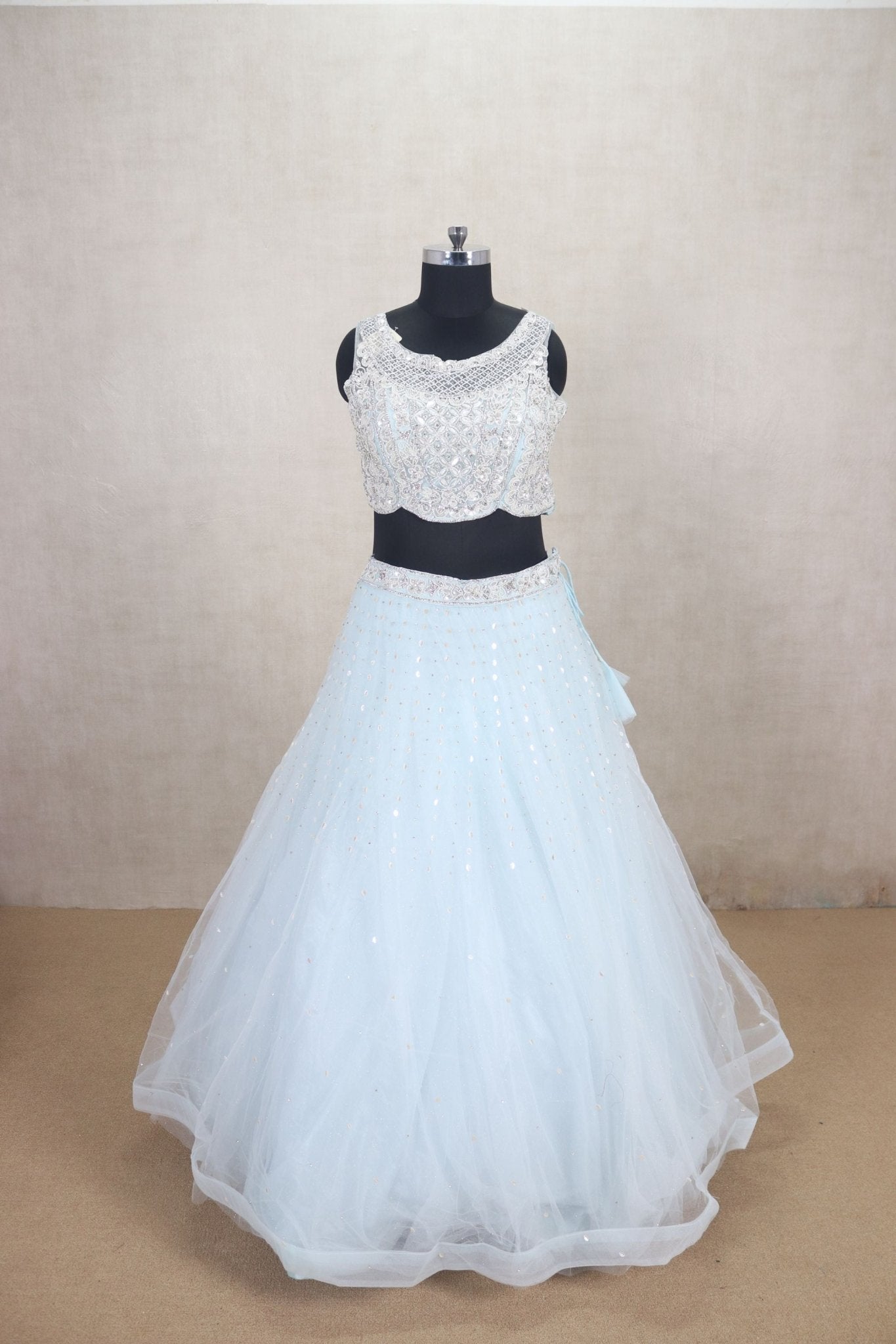 Stunning Light Blue Net Lehenga Choli with Sequin Embroidery and Dupatta - Mangaldeep NX
