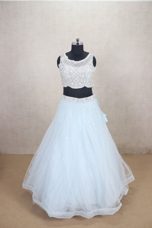 Stunning Light Blue Net Lehenga Choli with Sequin Embroidery and Dupatta - Mangaldeep NX