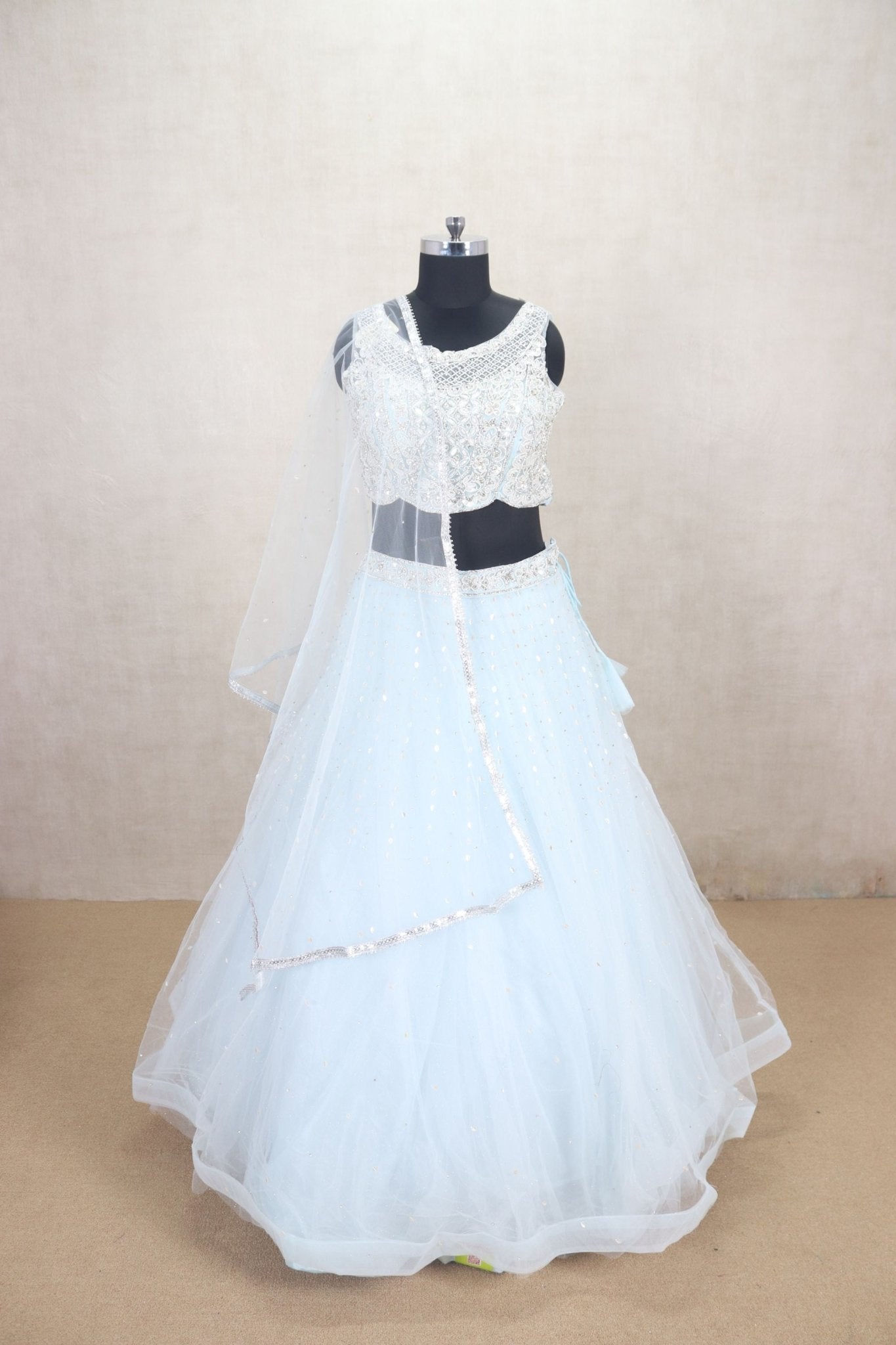 Stunning Light Blue Net Lehenga Choli with Sequin Embroidery and Dupatta - Mangaldeep NX