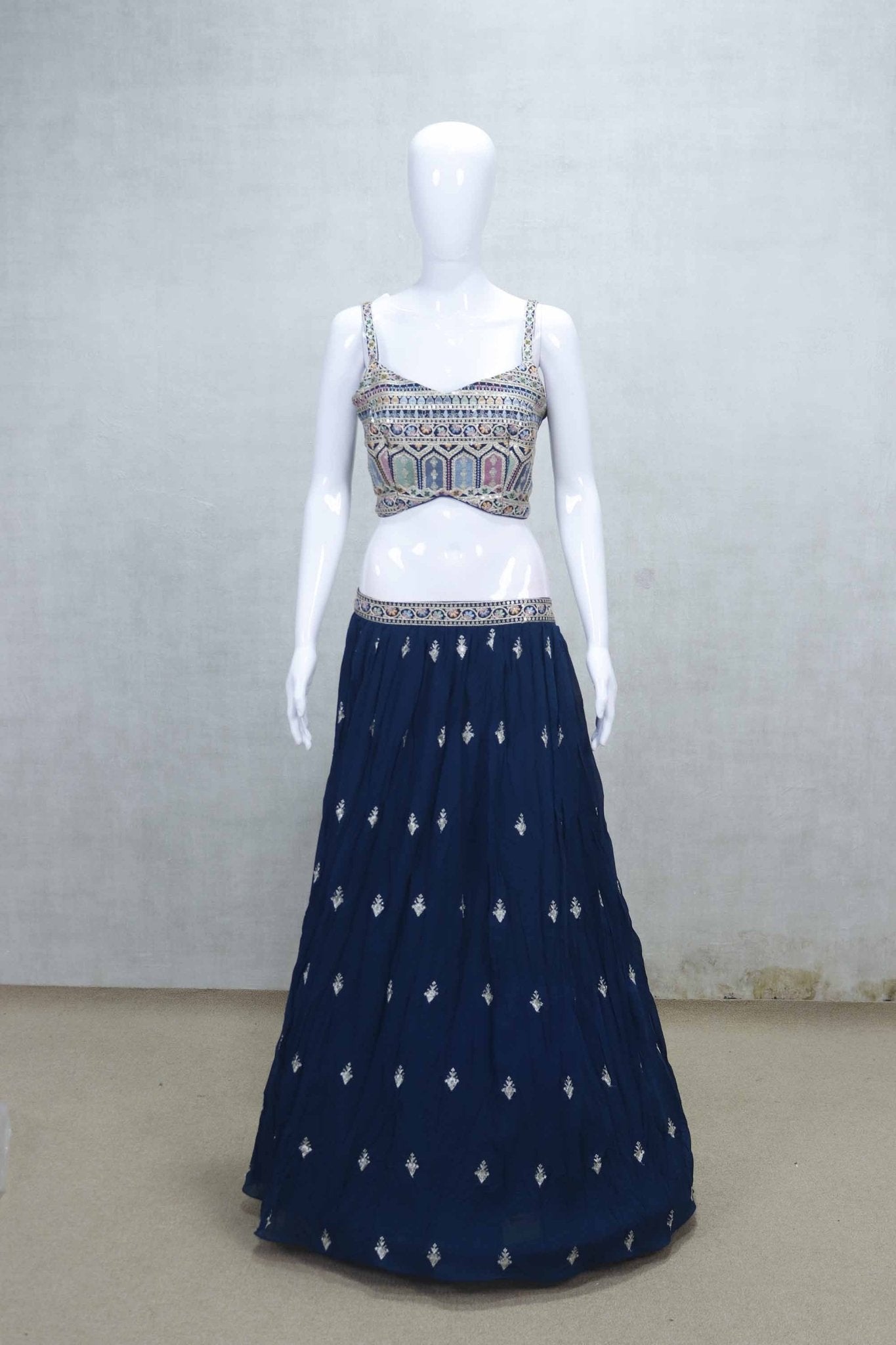 Stunning Navy Blue Lehenga with Embroidered Multicolor Jacket - Mangaldeep NX