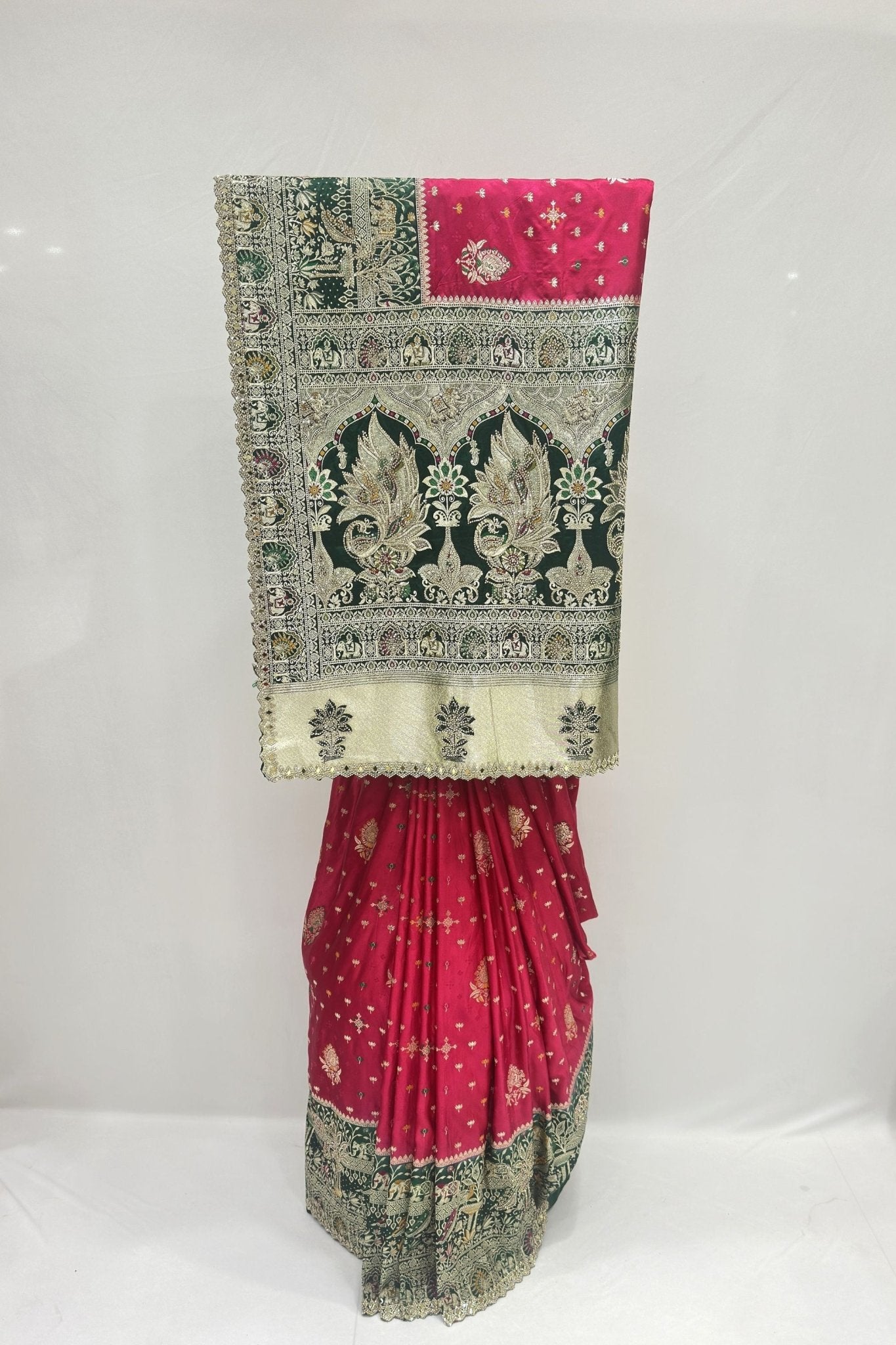 Stunning Pink and Green Banarasi Silk Saree - Mangaldeep NX