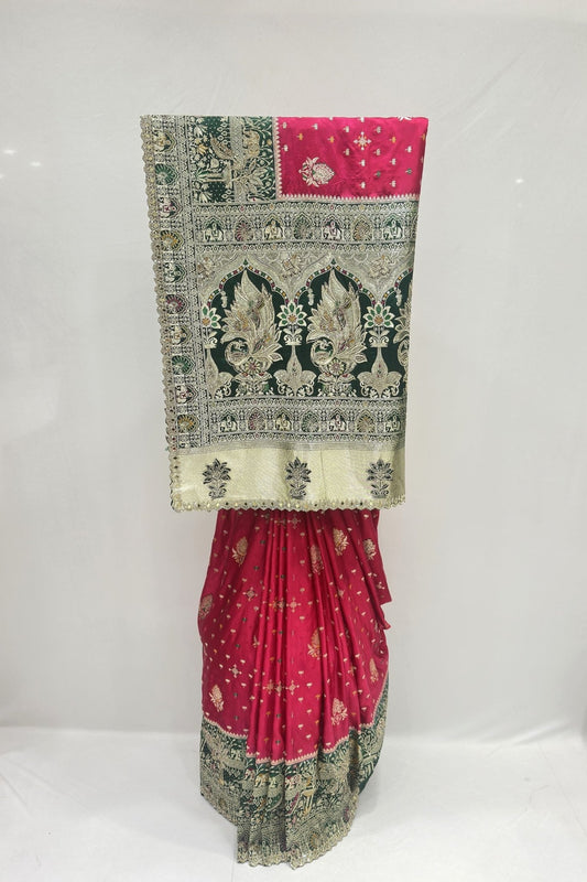 Stunning Pink and Green Banarasi Silk Saree - Mangaldeep NX