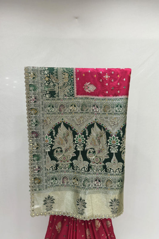 Stunning Pink and Green Banarasi Silk Saree - Mangaldeep NX