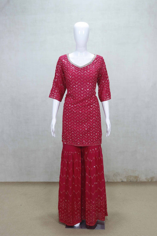 Stunning Red Mirror Work Kurti Style Sharara Set with Dupatta - Mangaldeep NX