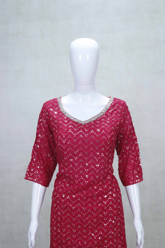Stunning Red Mirror Work Kurti Style Sharara Set with Dupatta - Mangaldeep NX