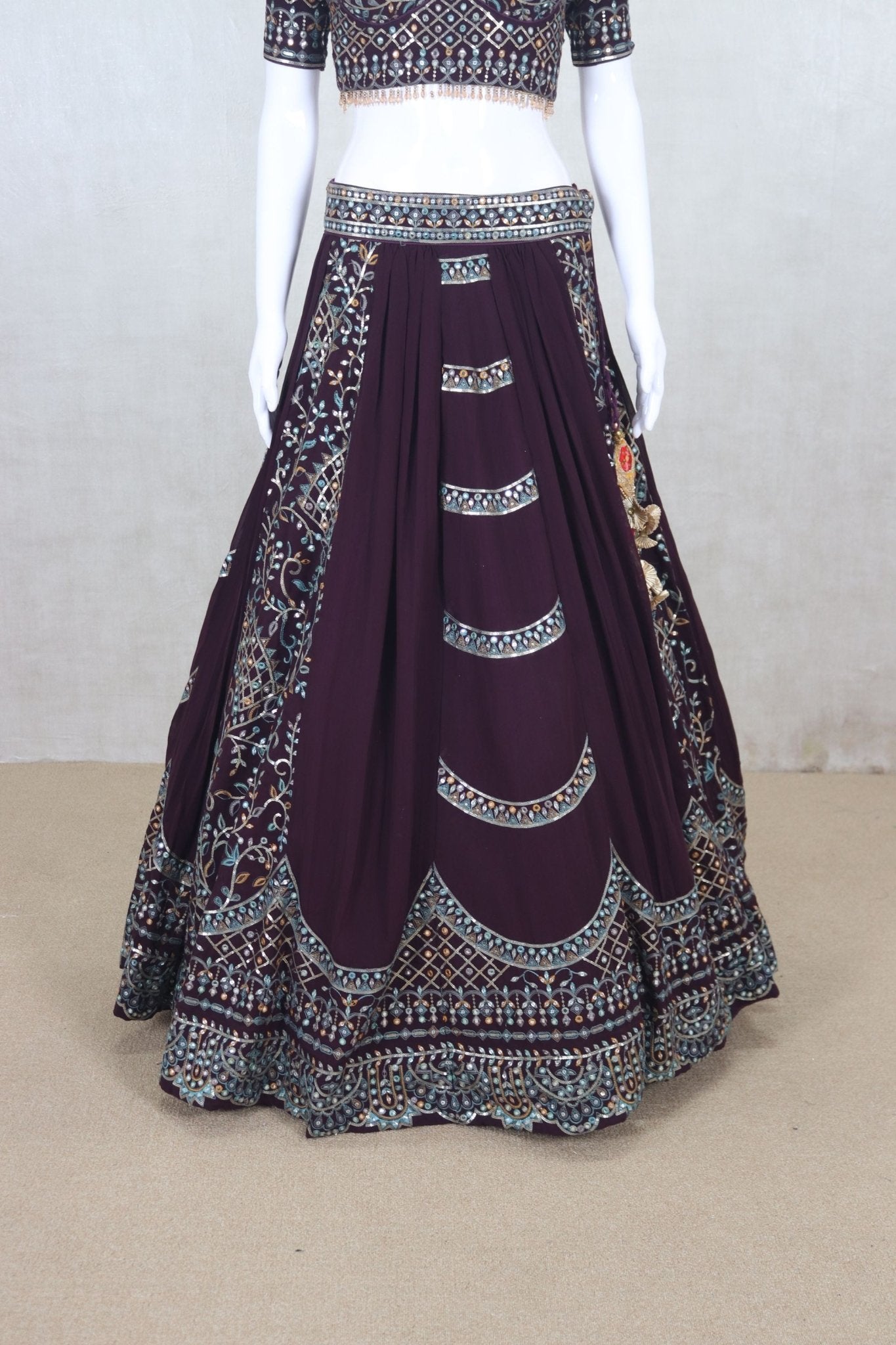 Stunning Wine Color Mirror Work Embroidered Lehenga Choli - Mangaldeep NX