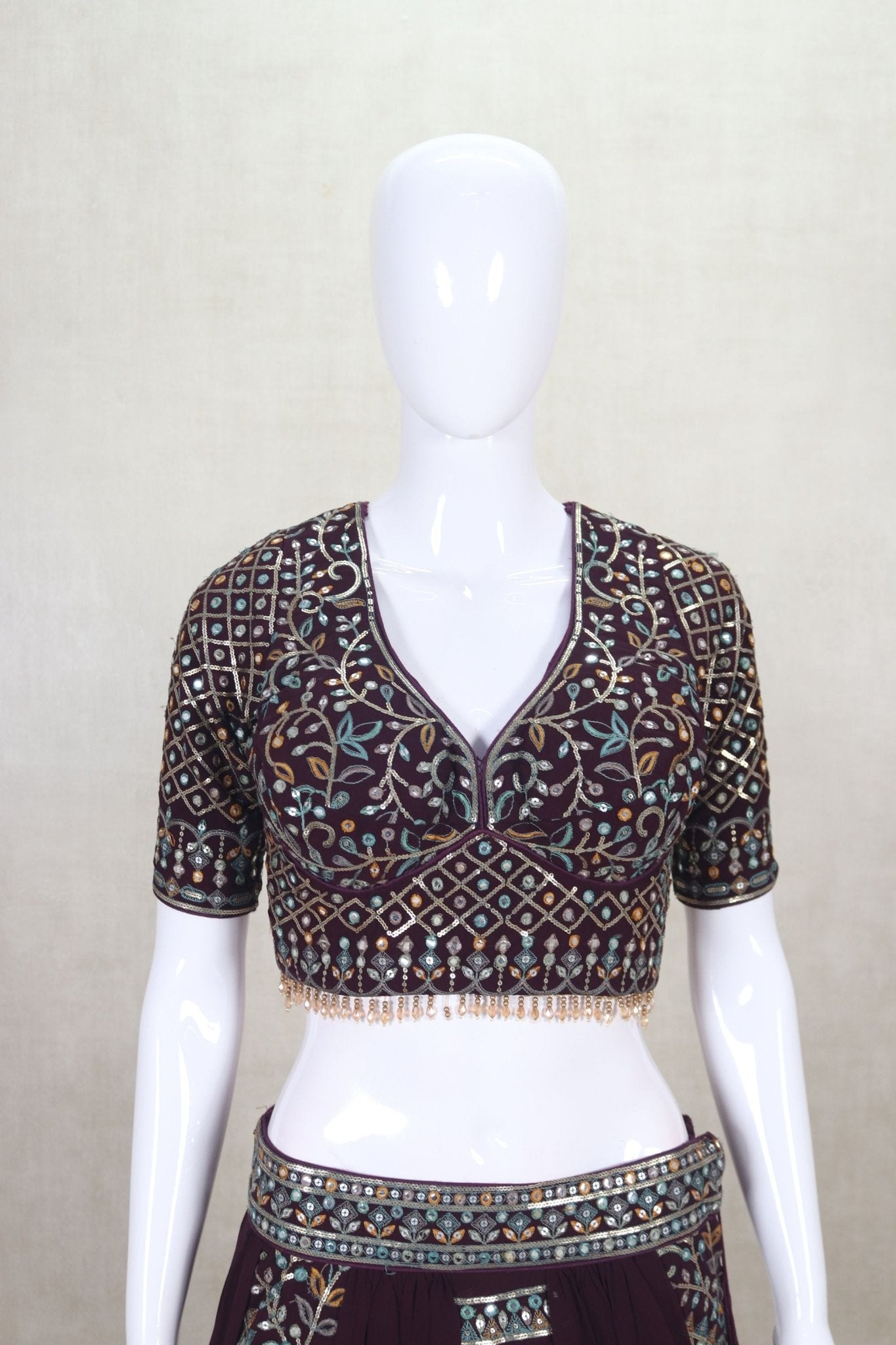 Stunning Wine Color Mirror Work Embroidered Lehenga Choli - Mangaldeep NX