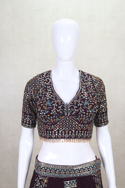 Stunning Wine Color Mirror Work Embroidered Lehenga Choli - Mangaldeep NX