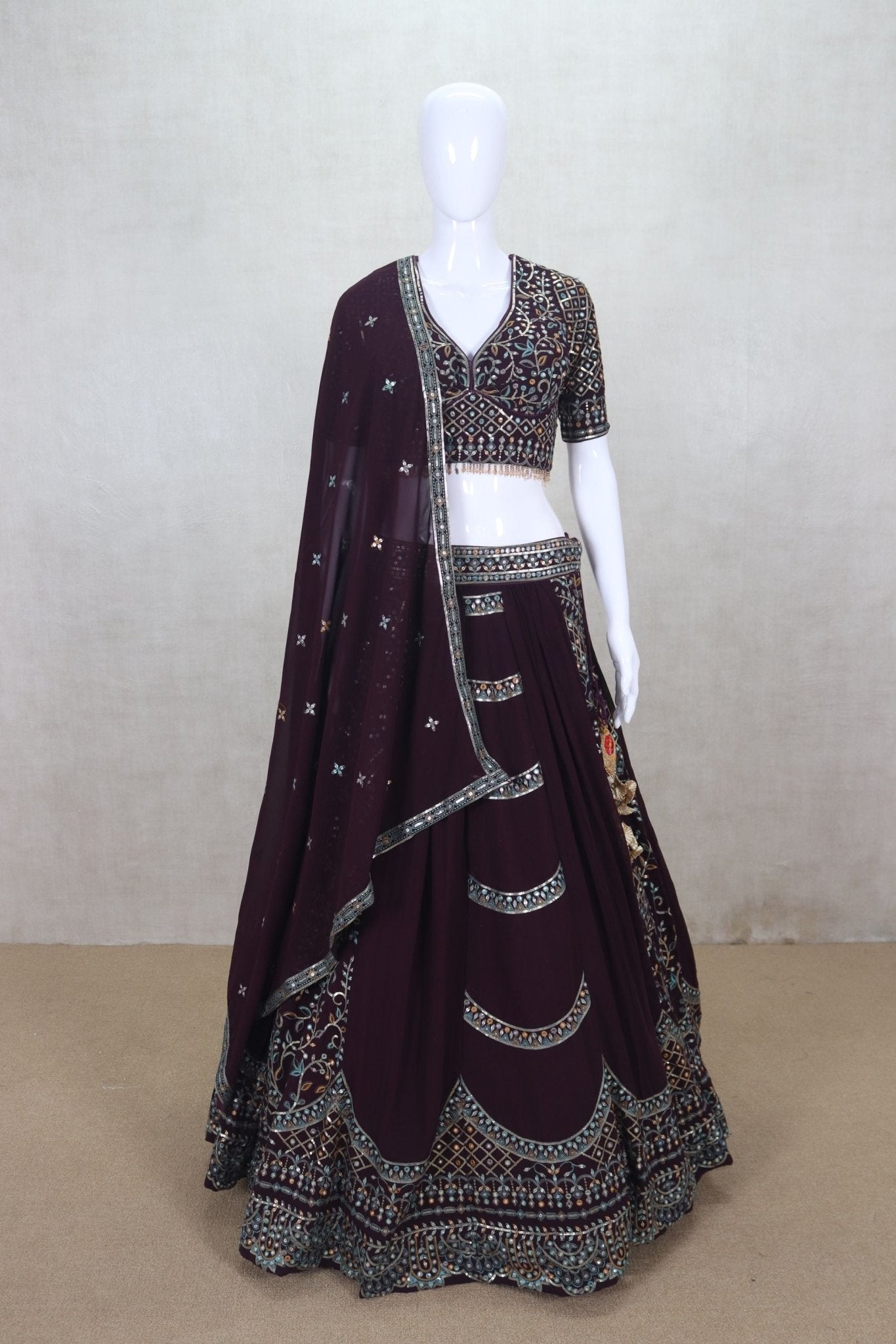 Stunning Wine Color Mirror Work Embroidered Lehenga Choli - Mangaldeep NX