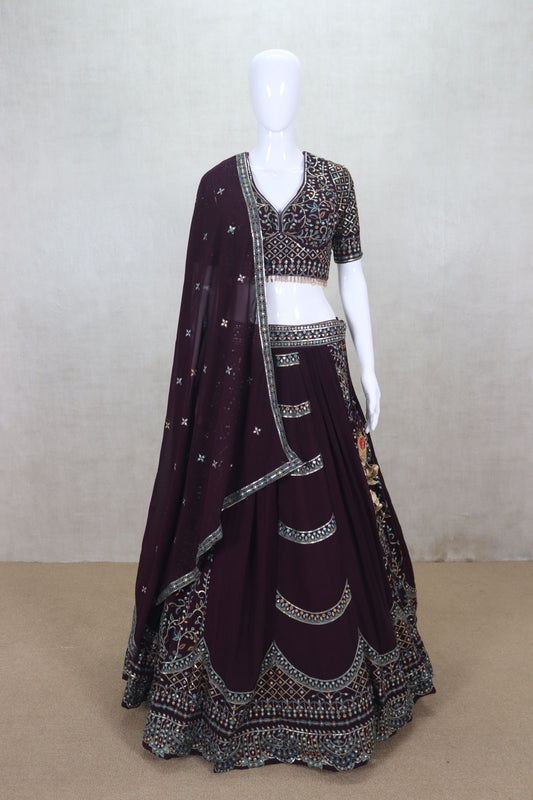 Stunning Wine Color Mirror Work Embroidered Lehenga Choli - Mangaldeep NX