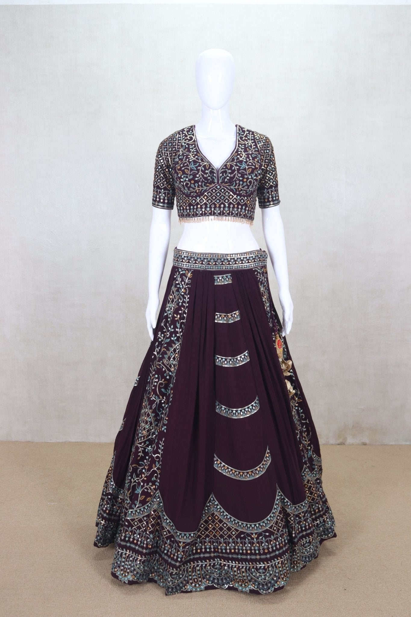 Stunning Wine Color Mirror Work Embroidered Lehenga Choli - Mangaldeep NX