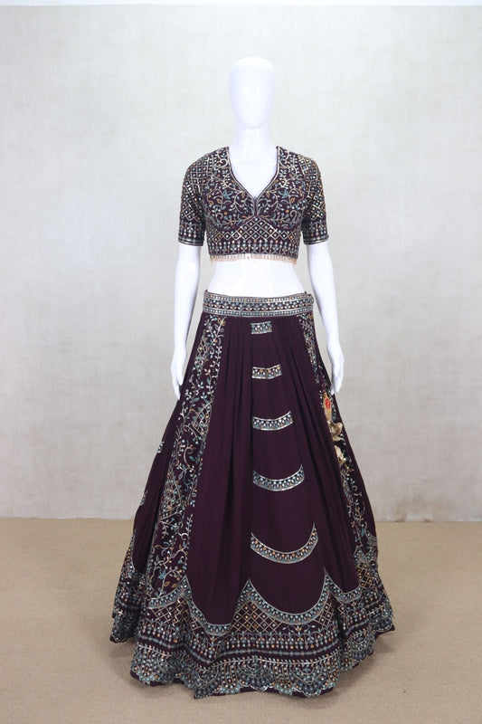 Stunning Wine Color Mirror Work Embroidered Lehenga Choli - Mangaldeep NX