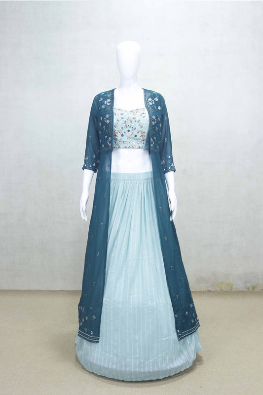 Stylish Aqua Blue Embroidered Lehenga Choli with Jacket - Mangaldeep NX