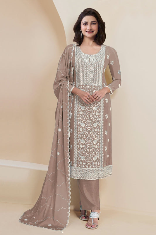 Stylish Beige Georgette Straight Cut Salwar Kameez - Mangaldeep NX