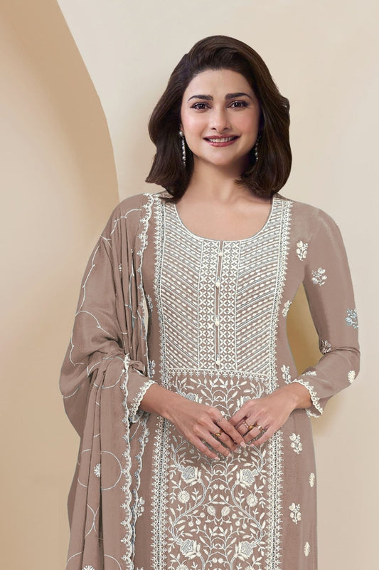 Stylish Beige Georgette Straight Cut Salwar Kameez - Mangaldeep NX