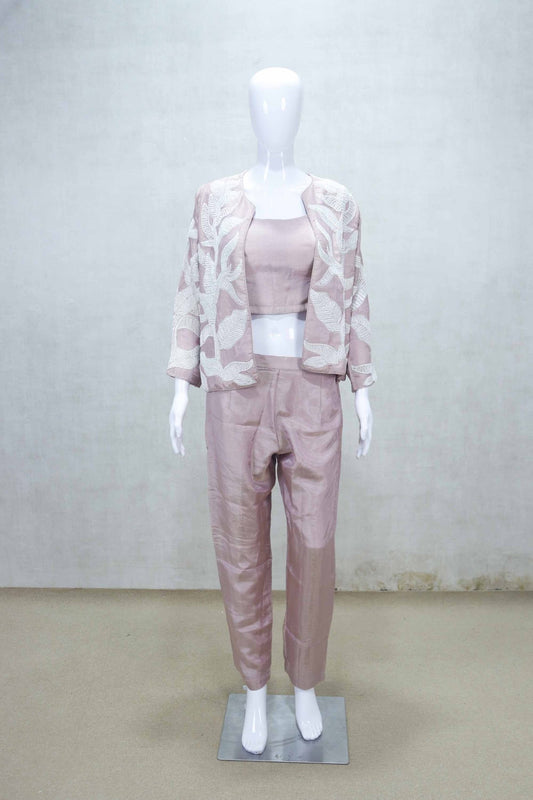Stylish Beige Silk Crop Top Pant Set with Embroidered Jacket for Women - Mangaldeep NX