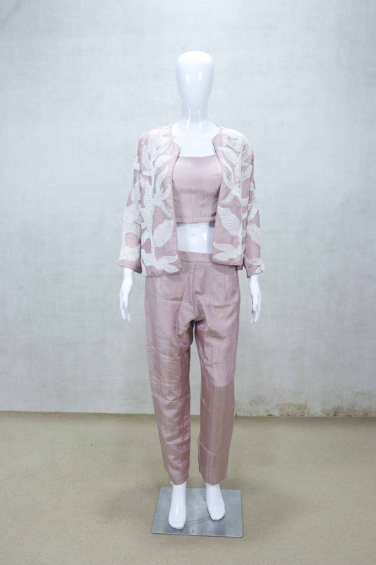 Stylish Beige Silk Crop Top Pant Set with Embroidered Jacket for Women - Mangaldeep NX