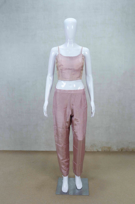Stylish Beige Silk Crop Top Pant Set with Embroidered Jacket for Women - Mangaldeep NX