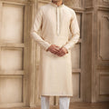 Stylish Beige Silk Kurta Pyjama Set with Mirror Embellished Placket - Mangaldeep NX