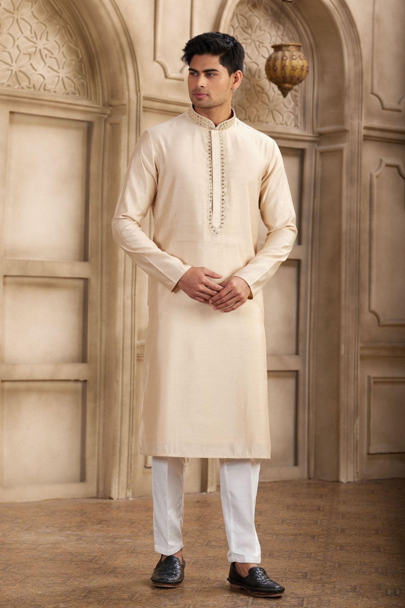 Stylish Beige Silk Kurta Pyjama Set with Mirror Embellished Placket - Mangaldeep NX
