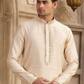 Stylish Beige Silk Kurta Pyjama Set with Mirror Embellished Placket - Mangaldeep NX