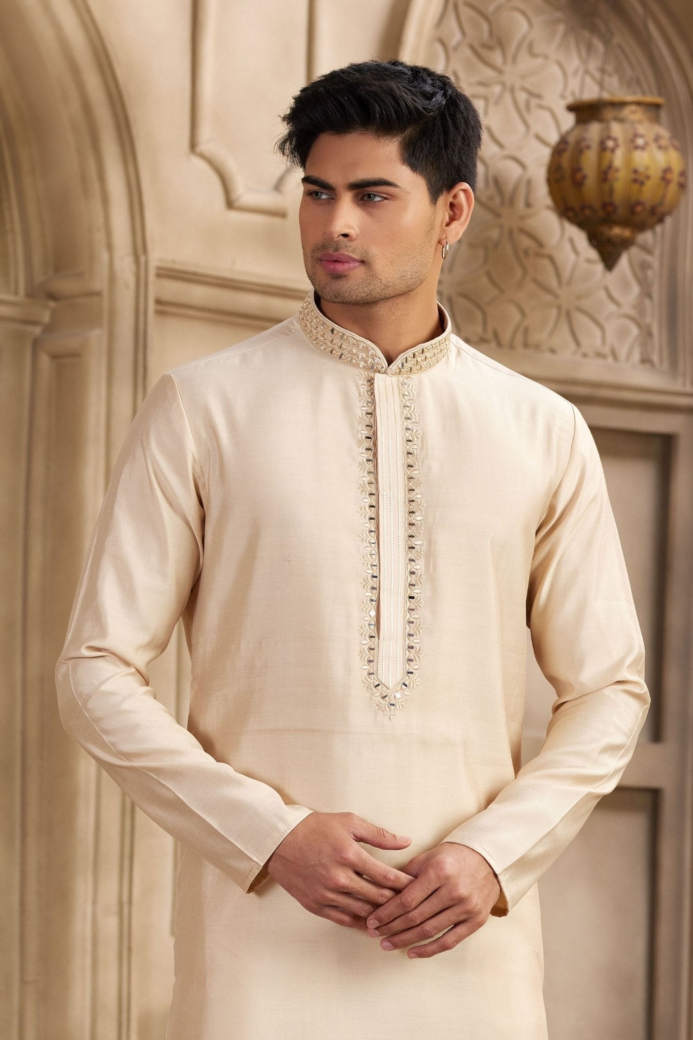 Stylish Beige Silk Kurta Pyjama Set with Mirror Embellished Placket - Mangaldeep NX