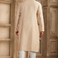 Stylish Beige Silk Kurta Pyjama Set with Mirror Embellished Placket - Mangaldeep NX