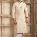Stylish Beige Silk Kurta Pyjama Set with Mirror Embellished Placket - Mangaldeep NX