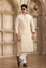 Stylish Beige Silk Kurta Pyjama Set with Mirror Embellished Placket - Mangaldeep NX