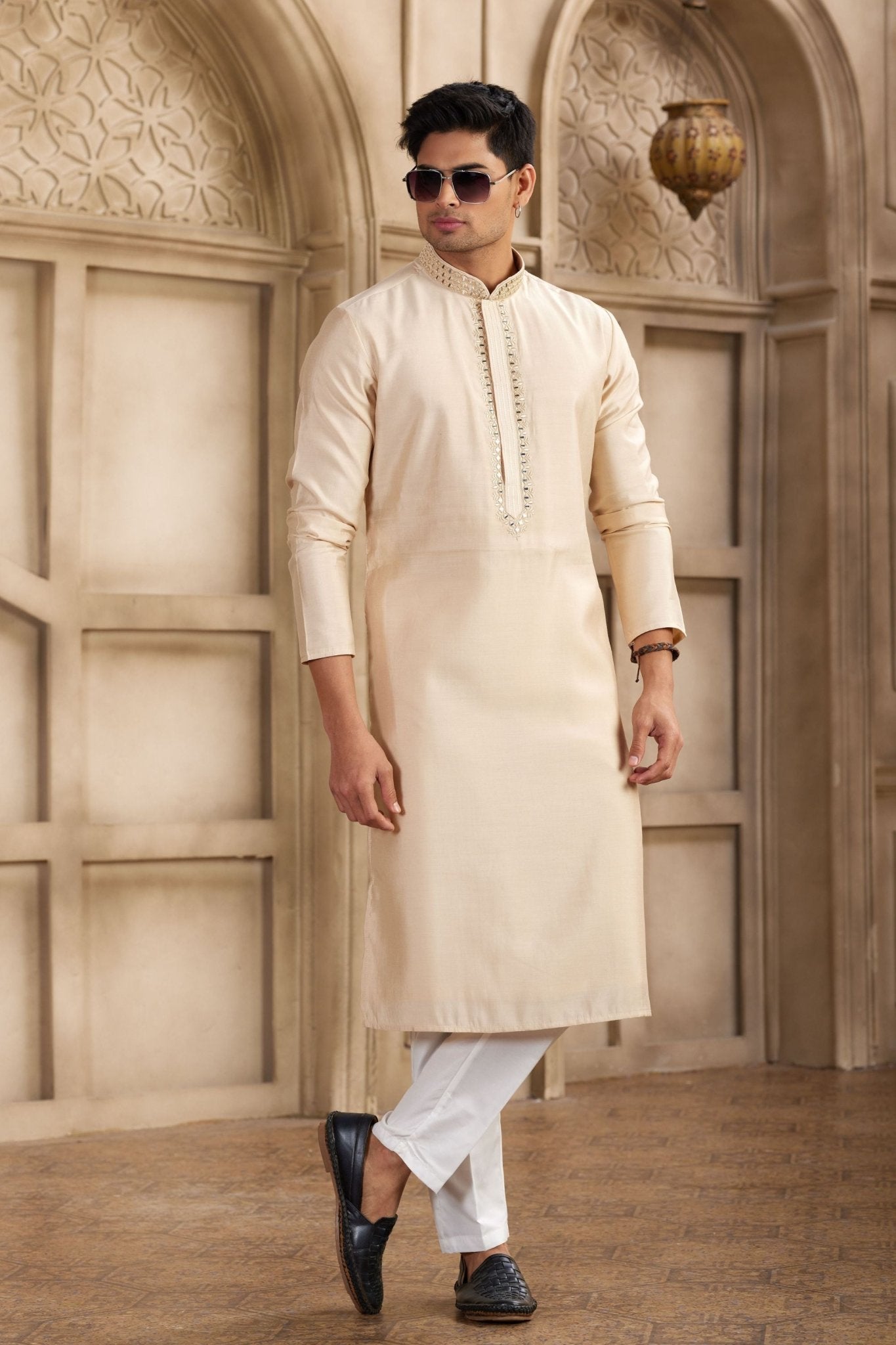 Stylish Beige Silk Kurta Pyjama Set with Mirror Embellished Placket - Mangaldeep NX