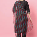 Stylish Black Embroidered Cotton Salwar Suit with Striped Dupatta - Mangaldeep NX
