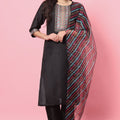 Stylish Black Embroidered Cotton Salwar Suit with Striped Dupatta - Mangaldeep NX