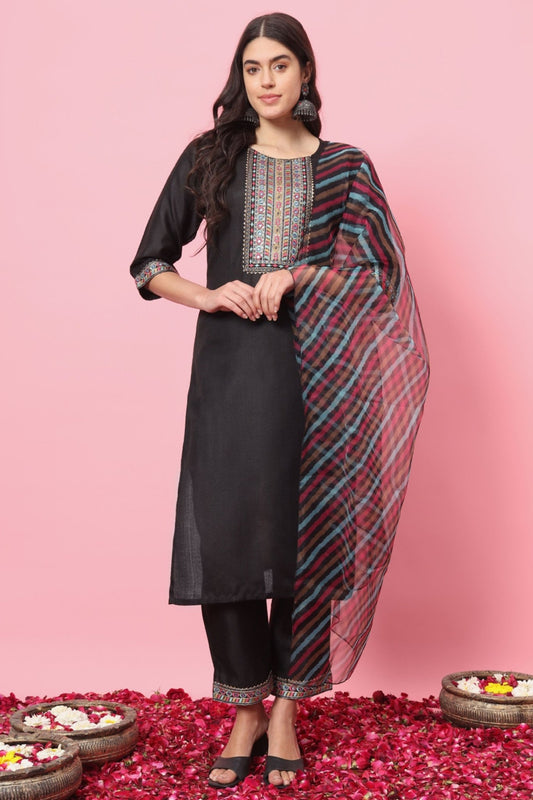 Stylish Black Embroidered Cotton Salwar Suit with Striped Dupatta - Mangaldeep NX