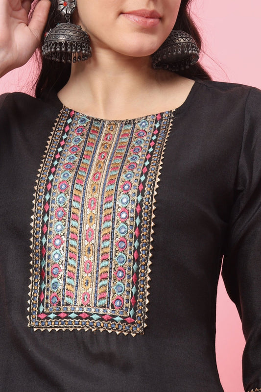 Stylish Black Embroidered Cotton Salwar Suit with Striped Dupatta - Mangaldeep NX