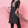 Stylish Black Embroidered Cotton Salwar Suit with Striped Dupatta - Mangaldeep NX