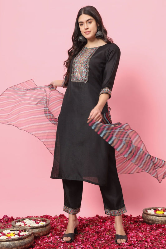 Stylish Black Embroidered Cotton Salwar Suit with Striped Dupatta - Mangaldeep NX
