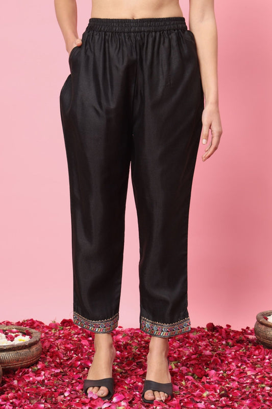 Stylish Black Embroidered Cotton Salwar Suit with Striped Dupatta - Mangaldeep NX