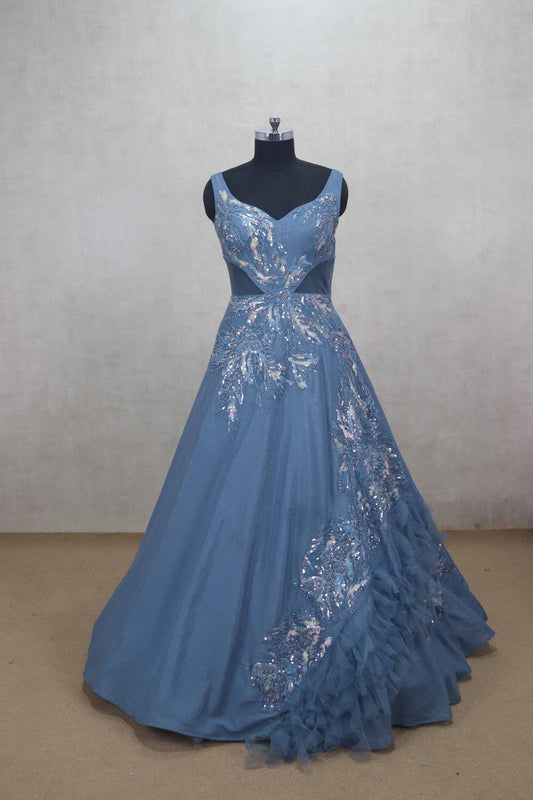 Stylish Blue Party Gown with Sequin Floral Embroidery - Mangaldeep NX