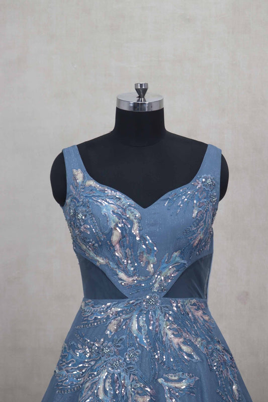 Stylish Blue Party Gown with Sequin Floral Embroidery - Mangaldeep NX