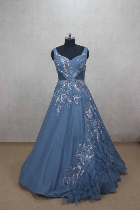 Stylish Blue Party Gown with Sequin Floral Embroidery - Mangaldeep NX
