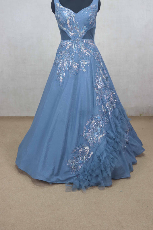 Stylish Blue Party Gown with Sequin Floral Embroidery - Mangaldeep NX
