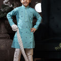 Stylish Boys Sky Blue Printed Kurta with Cream Pyjama and White Dupatta - Mangaldeep NX